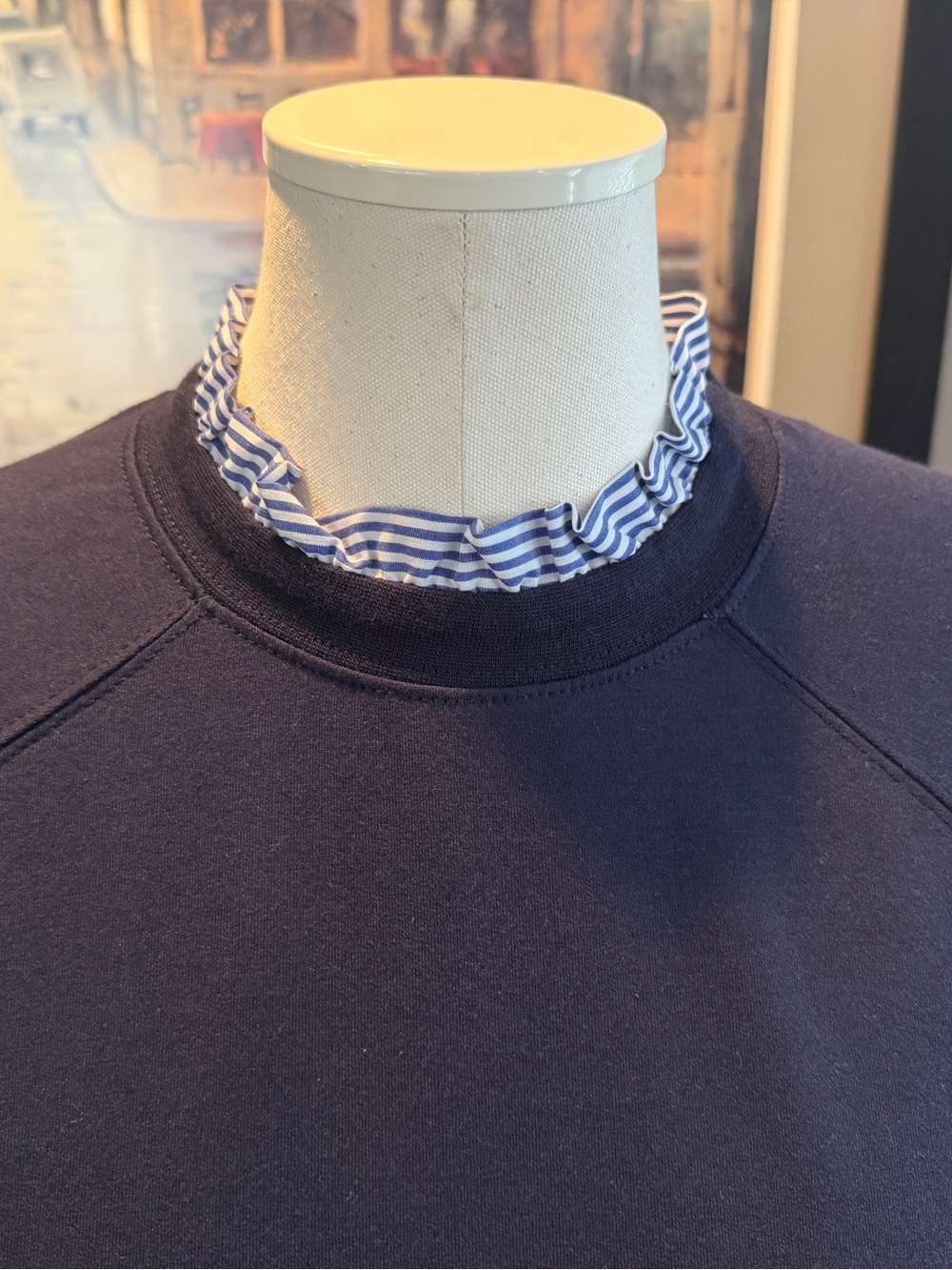 Women’s navy blue sweatshirt with ruffle collar - Picture 2 of 9